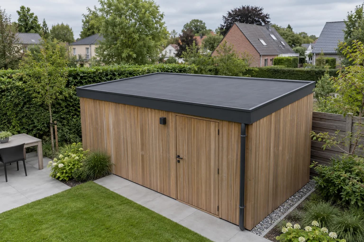 Houten tuinhuis met zichtbaar vlak rubberdak, antraciet dakrandprofiel en regenpijp aan de hoek