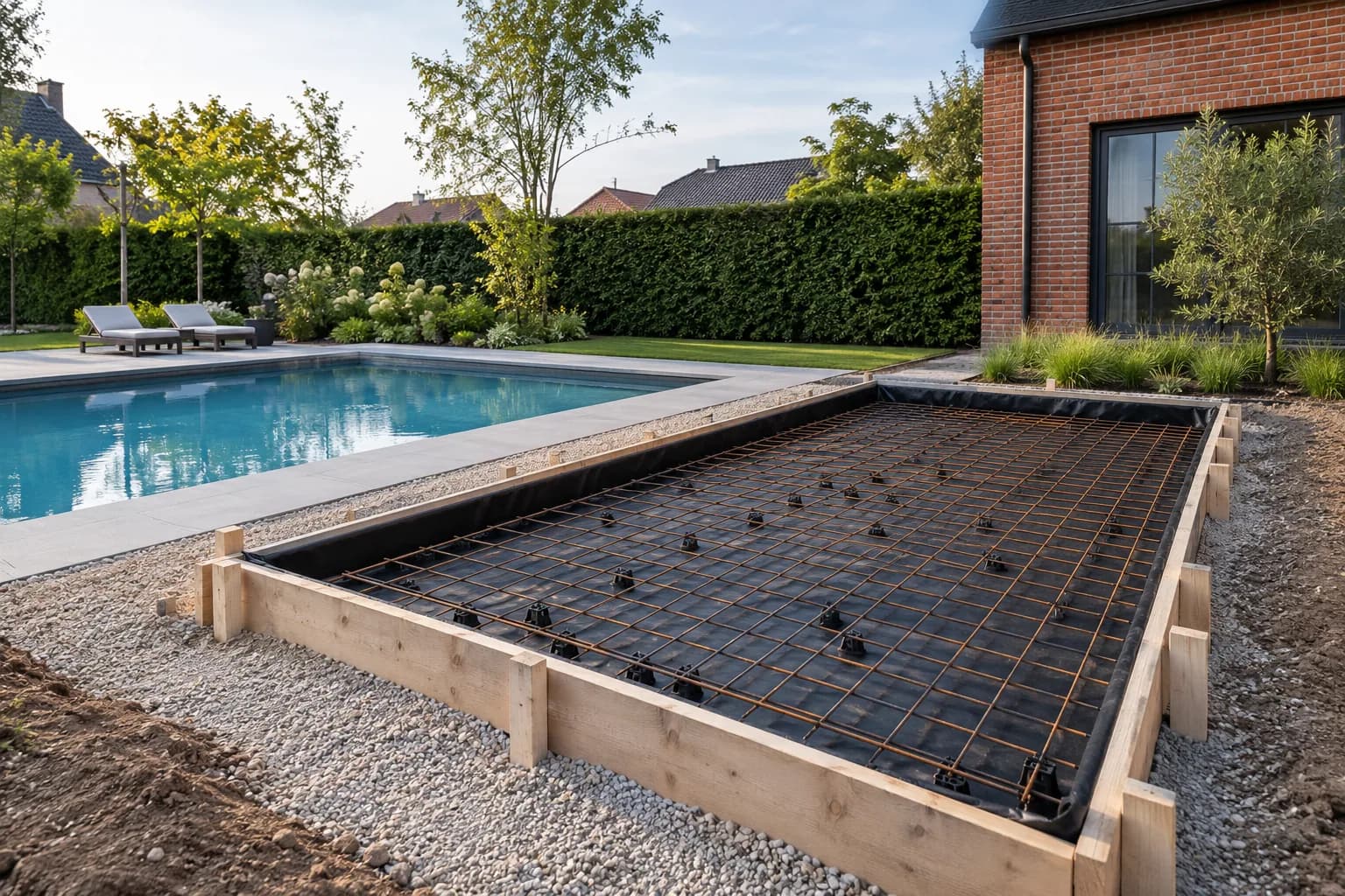 Bekisting met vochtfolie en een wapeningsnet op afstandhouders voor een poolhouse naast het zwembad