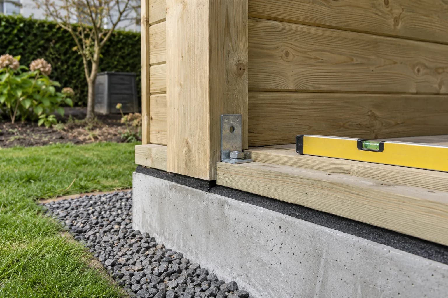 Houten onderregel op een waterkerende strook boven beton, met metalen hoekverbinding en waterpas