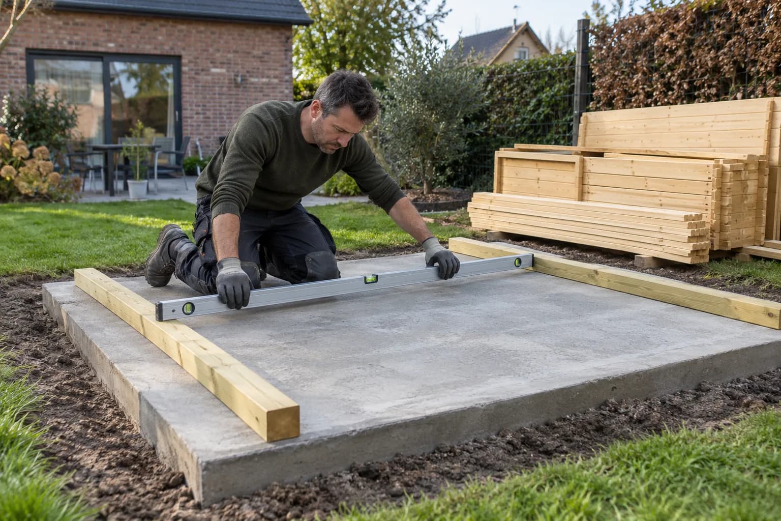 Bewoner controleert houten onderregels op een betonplaat met een lange waterpas, naast gestapelde tuinhuispanelen