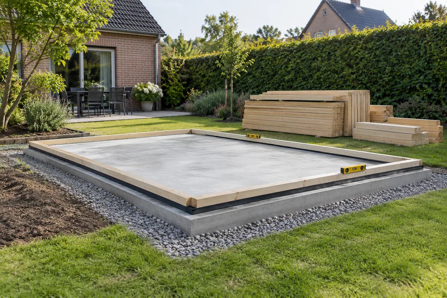 Betonplaat met houten onderregels op een donkere waterkerende strook, naast klaarliggende tuinhuispanelen