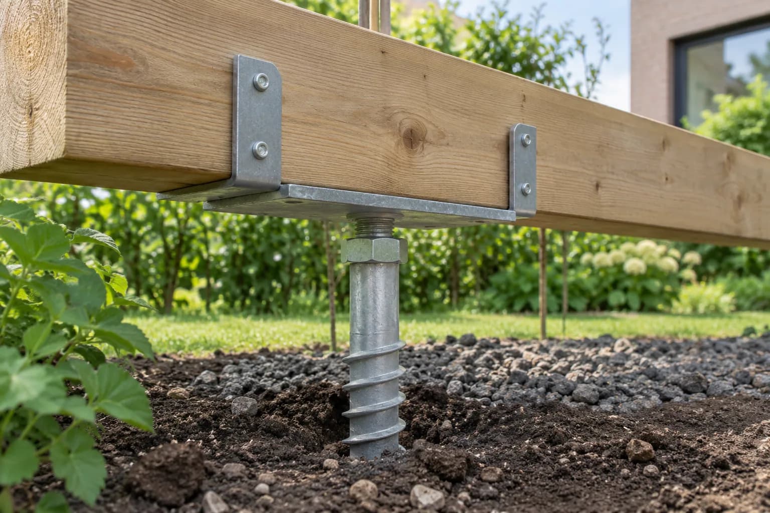 Houten funderingsbalk op een verstelbare metalen schroefsteun met draagplaat en vastgeschroefde beugels