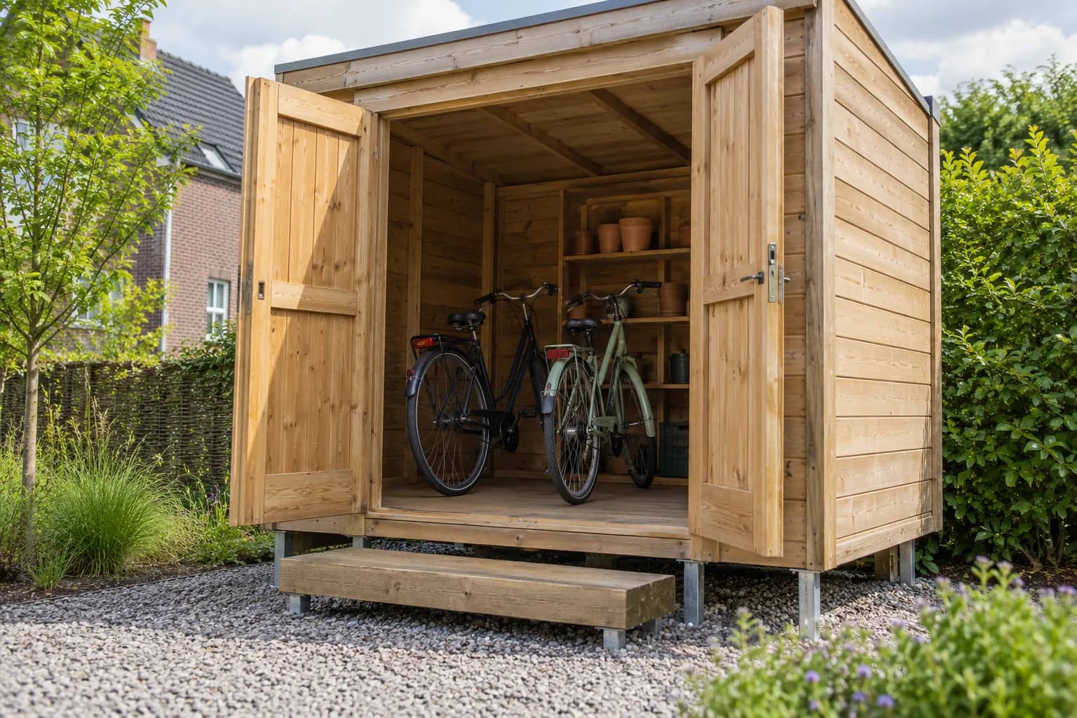 Houten tuinberging op metalen steunen boven grind, met een opstap en twee fietsen achter de open deuren