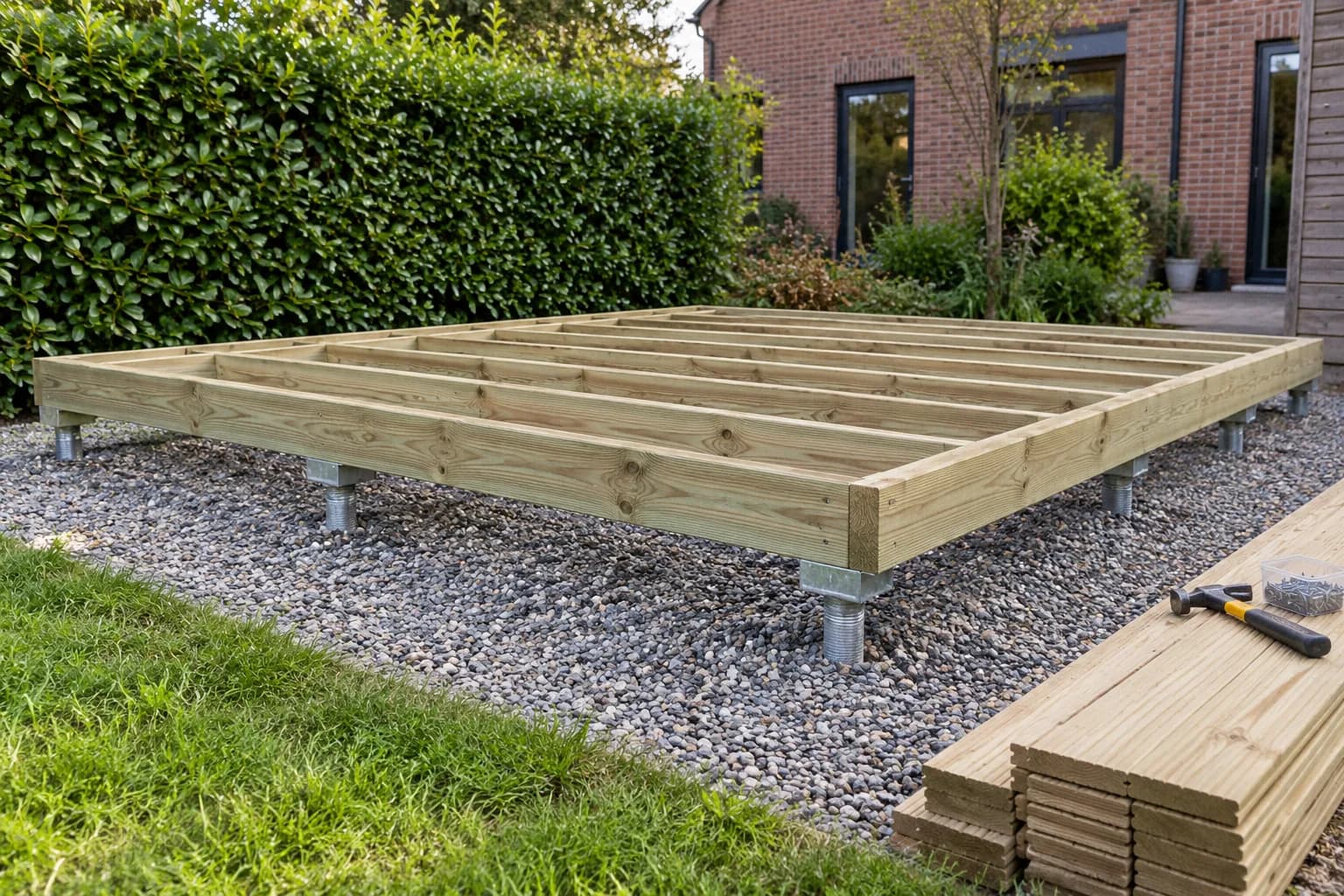 Houten vloerframe op metalen schroefsteunen boven grind, met vloerplanken naast de fundering