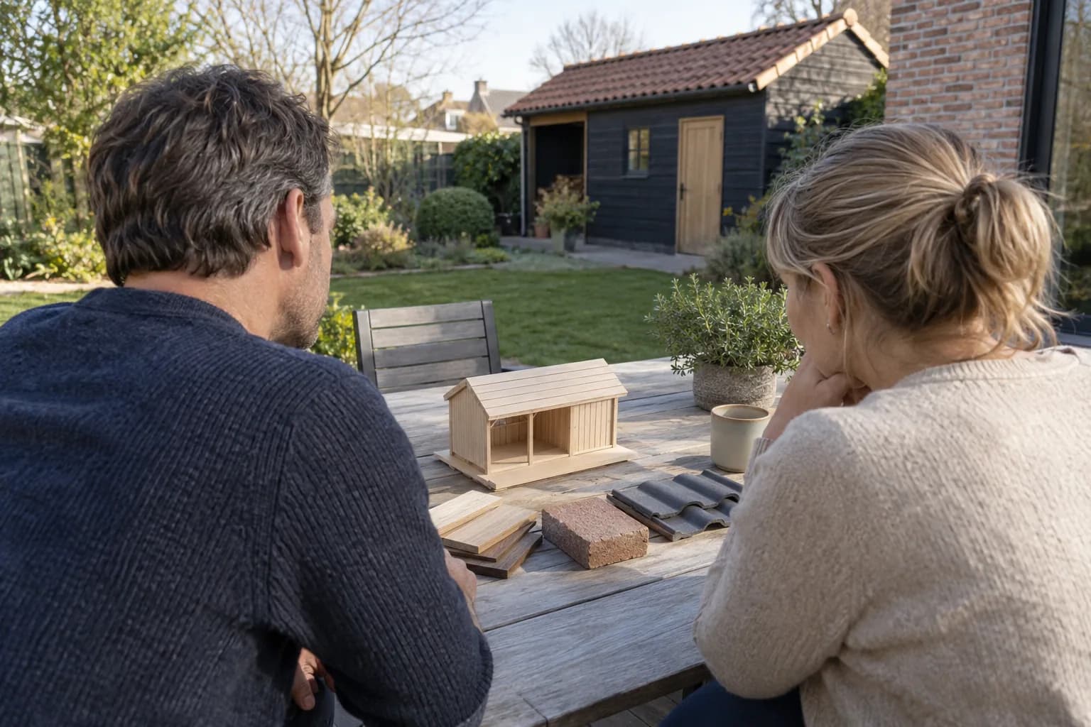 Twee bewoners bekijken een houten maquette en materiaalstalen aan de tuintafel, met een bijgebouw op de achtergrond