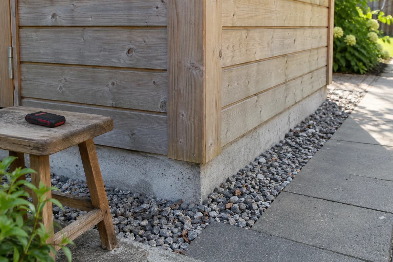 Hoek van een houten tuinhuis op een betonnen sokkel met een meetapparaat op een kruk ernaast