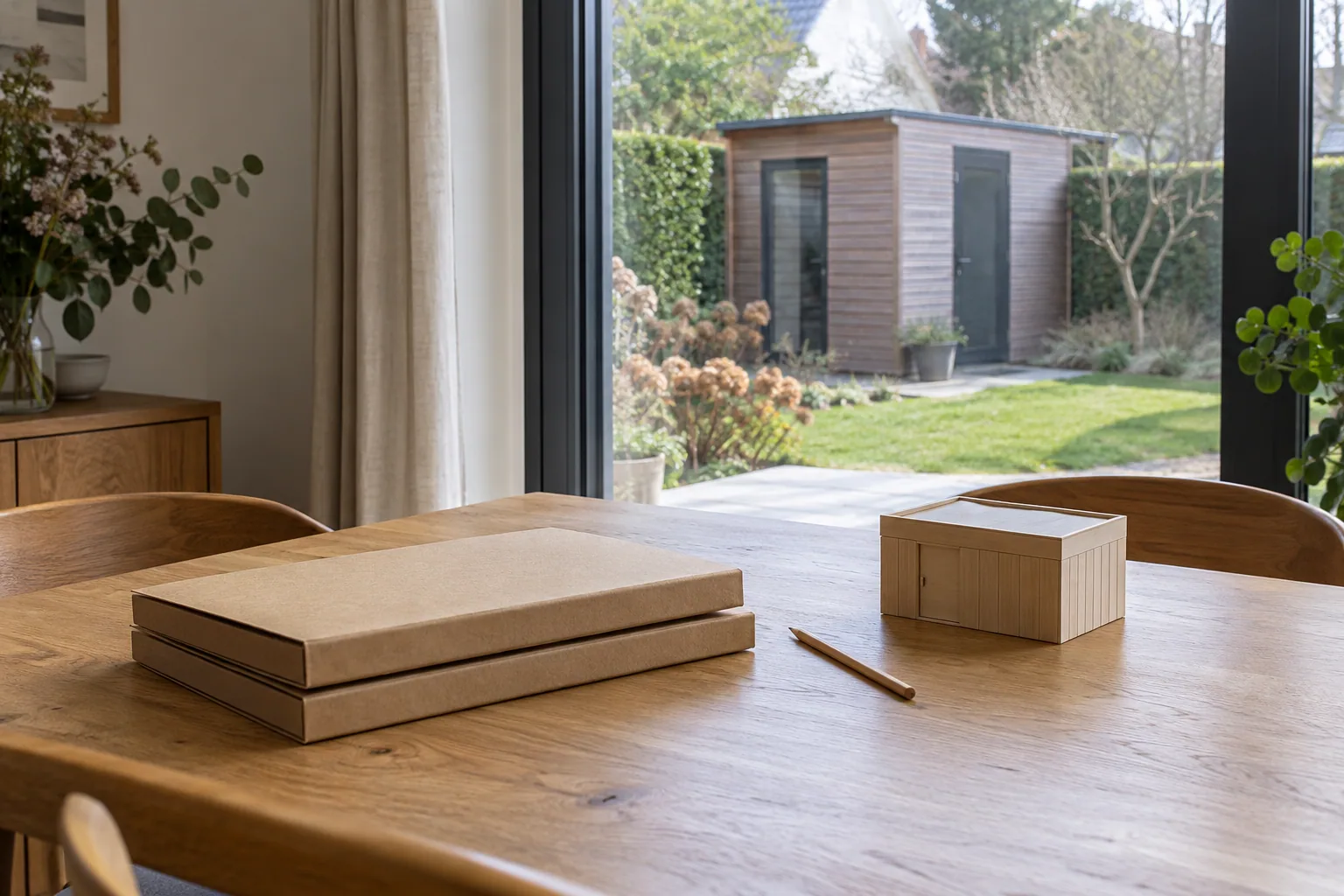 Gesloten dossiermappen en een houten gebouwmodel op een tafel met uitzicht op het tuinhuis