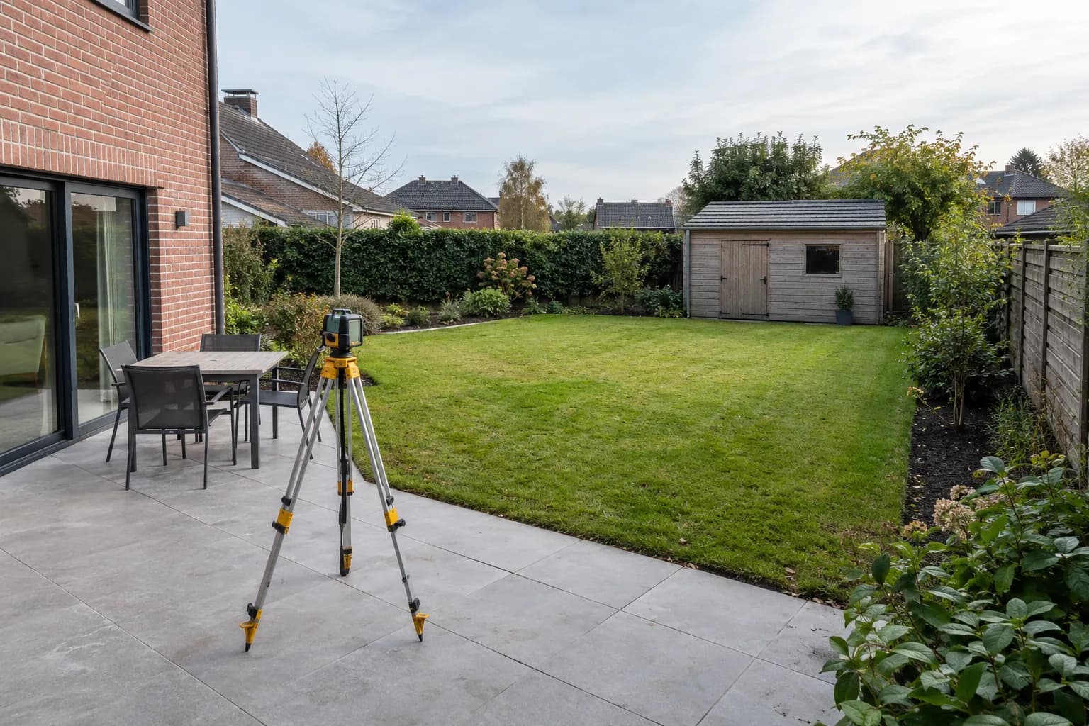 Meetinstrument op een statief in een achtertuin met woning, terras en vrijstaand houten tuinhuis
