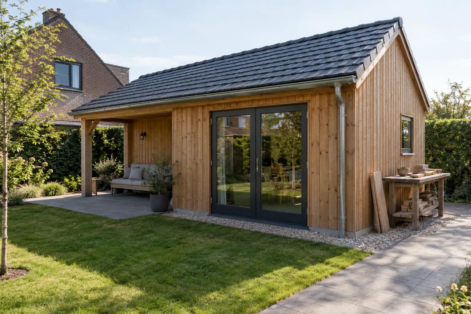 Houten bijgebouw met pannendak, overdekte zithoek, grindstrook en betegeld tuinpad
