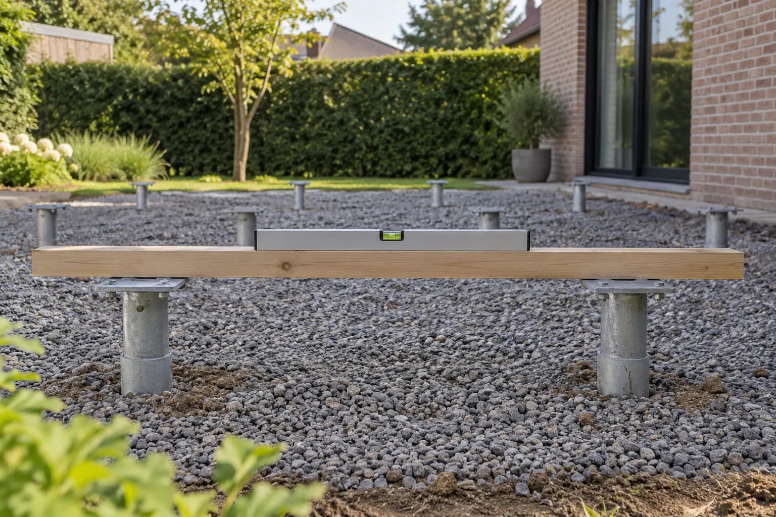 Waterpas op een houten controlebalk over twee metalen funderingskoppen in een grindbed