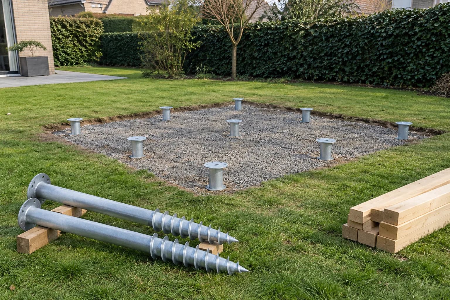 Metalen funderingskoppen in een grindbed, met twee losse grondschroeven en houten balken ernaast