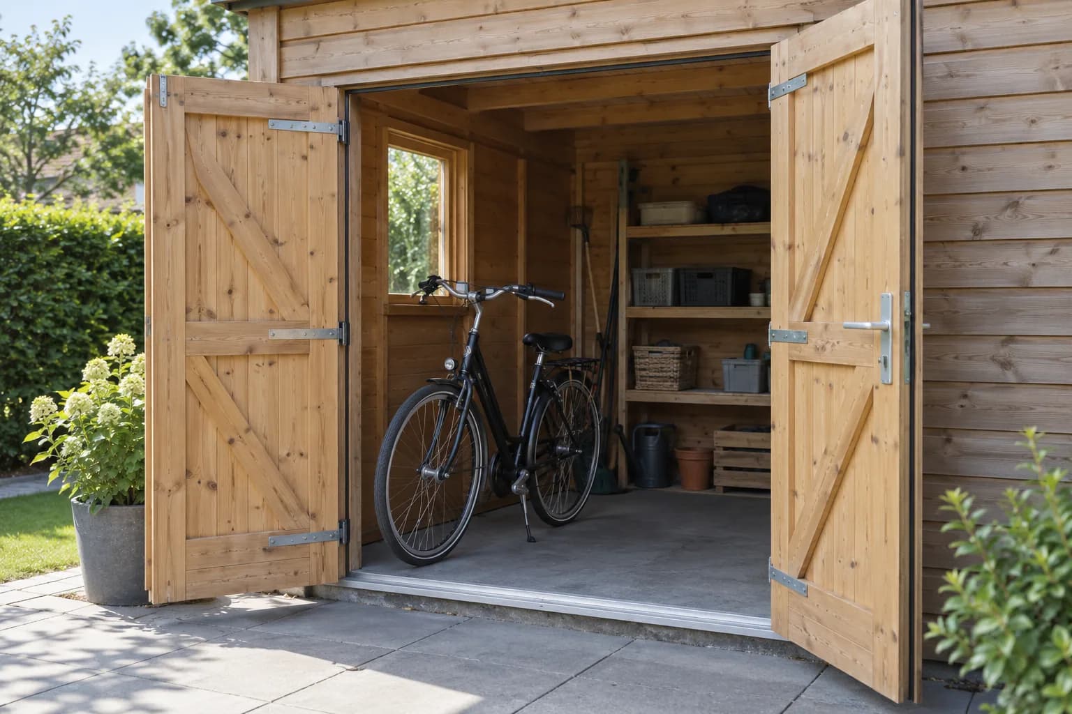 Open dubbele tuinhuisdeur met houten kozijnen, metalen drempel en voldoende doorgang voor een fiets