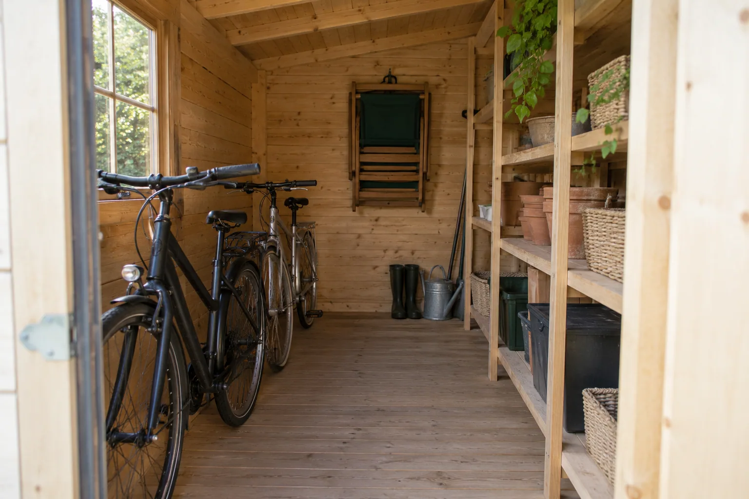 Tuinhuis met fietsen langs de ene wand, opbergrekken langs de andere en een vrije midden doorgang