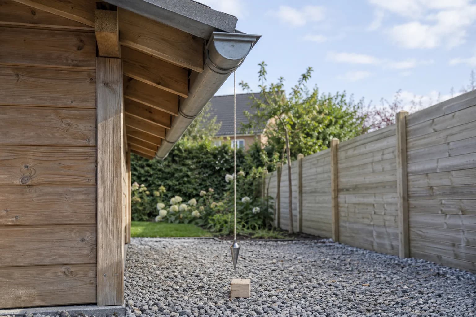 Schietlood onder de dakgoot van een houten tuinhuis, met een schutting aan de andere kant van de grindstrook