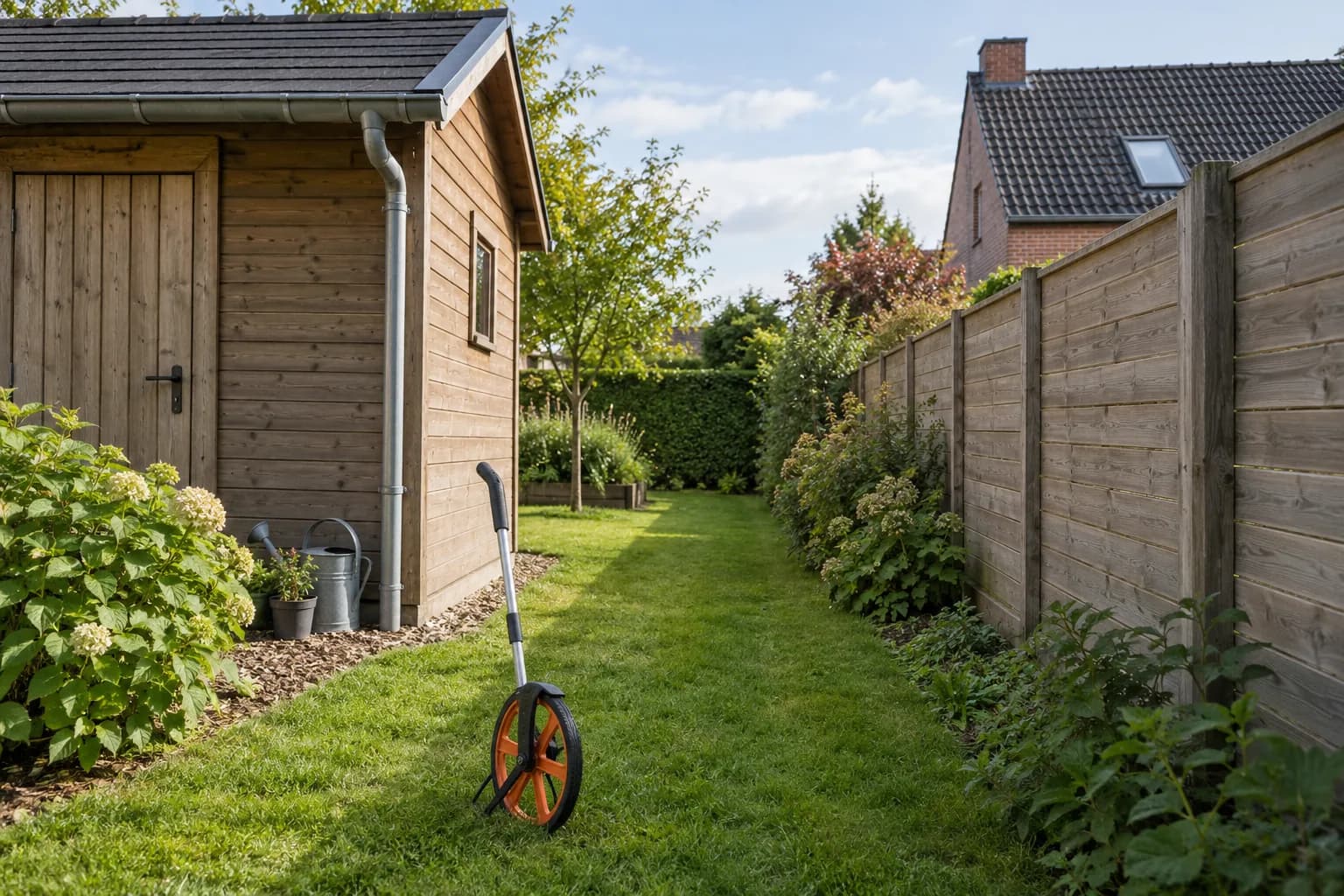 Vrije grasstrook tussen een houten tuinhuis en een schutting, met een meetwiel op de voorgrond