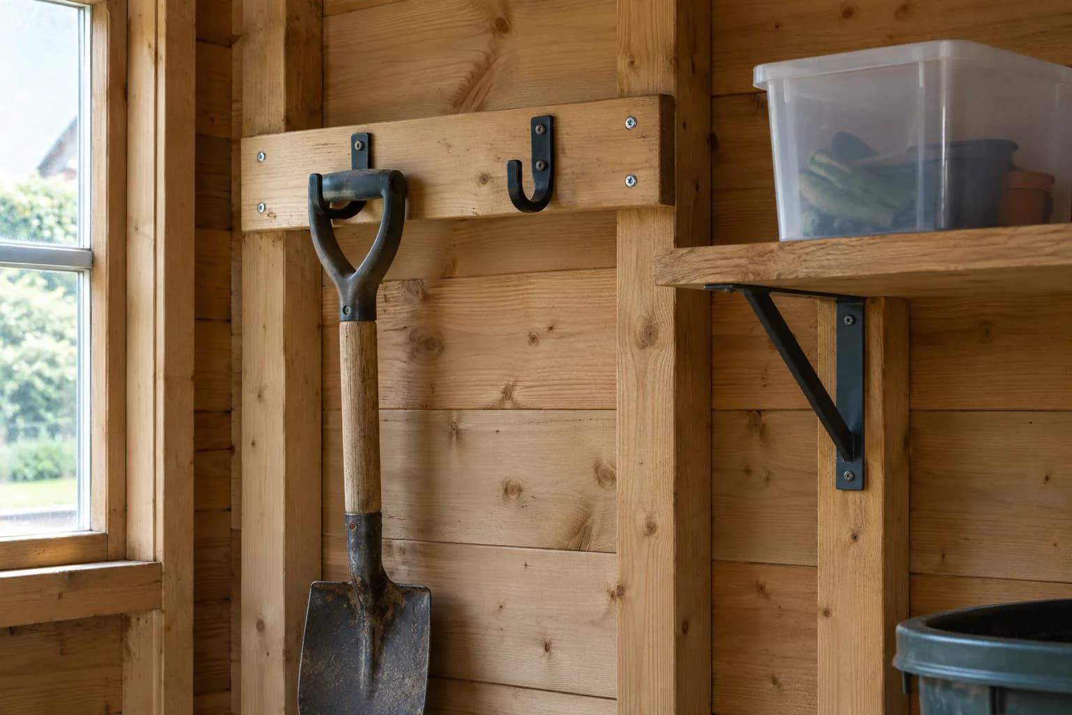 Wandhaken op een houten montagelat en een plank met metalen steun in een tuinhuis
