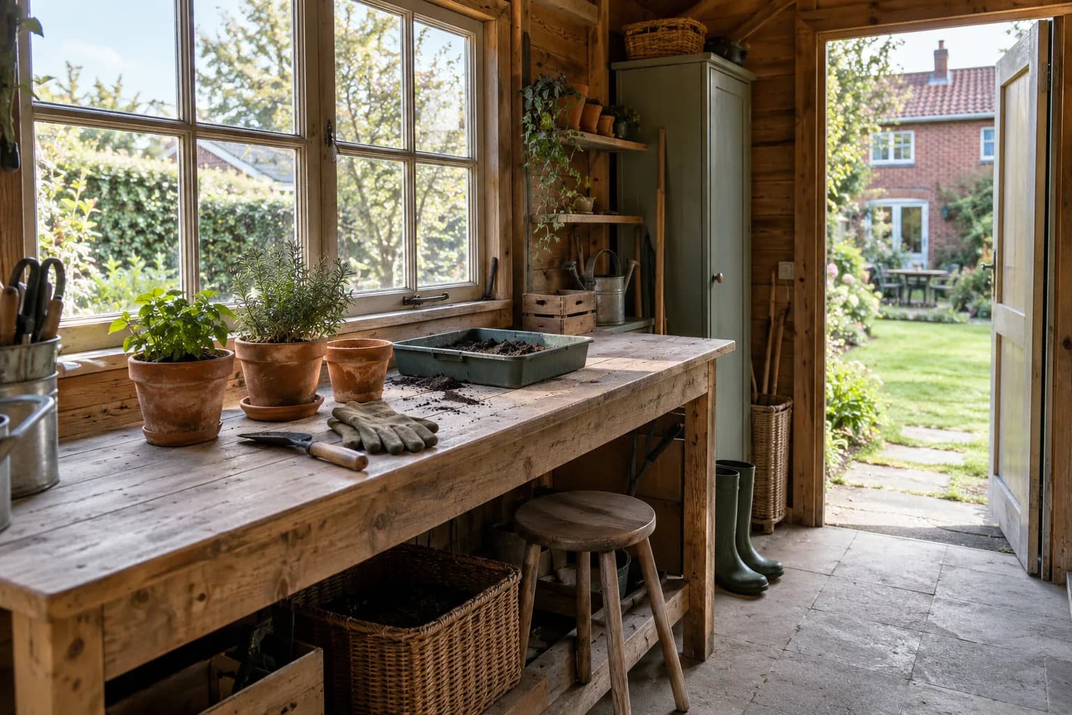 Oppottafel met planten, tuinhandschoenen en opbergruimte bij het raam van een houten tuinhuis