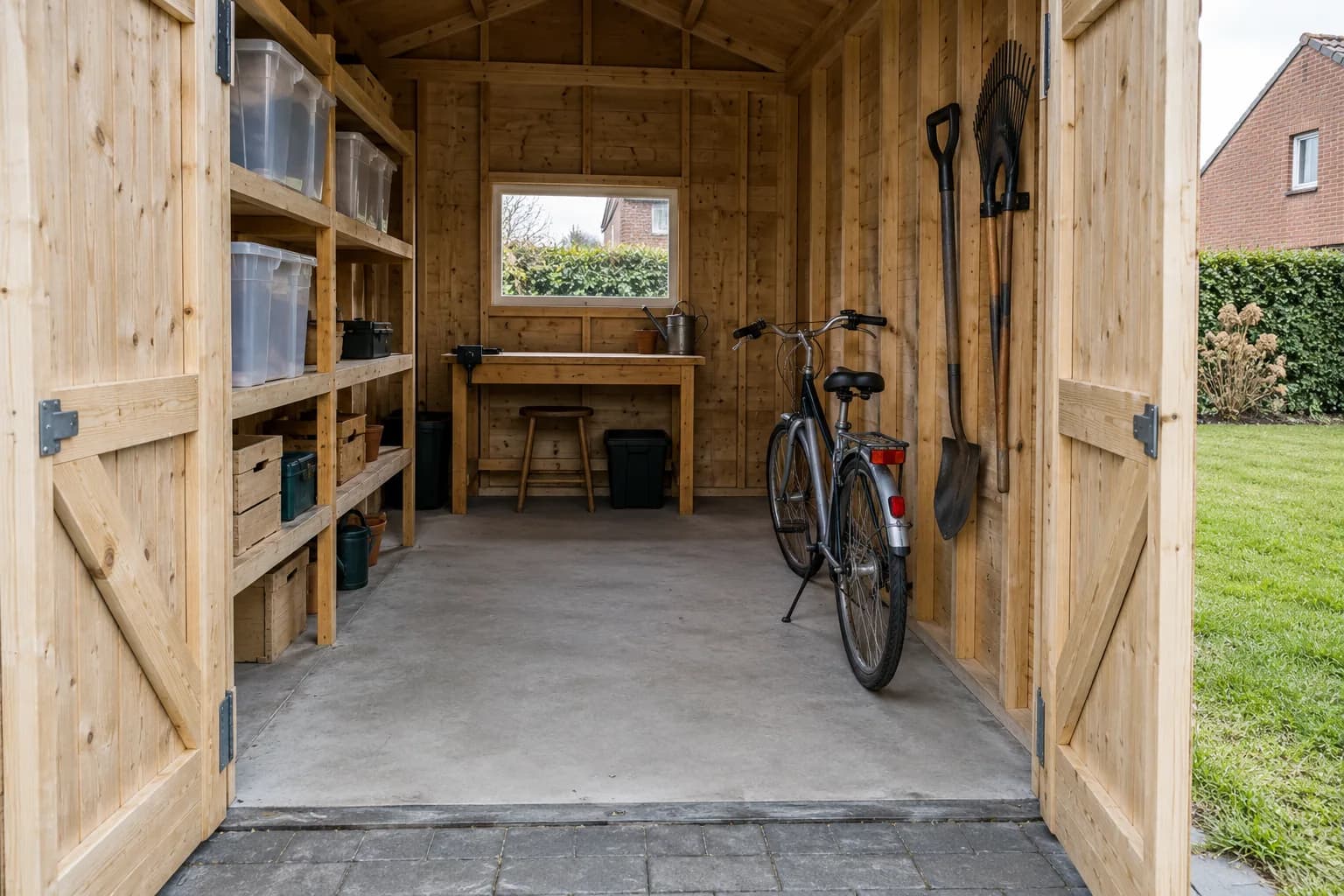Houten tuinhuis met opbergrekken, werkbank onder het raam en een fiets naast de vrije doorgang
