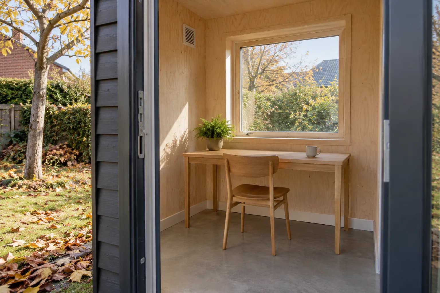 Afgewerkte hobbyruimte in een tuinhuis met houten binnenwanden, bureau, raam en ventilatierooster