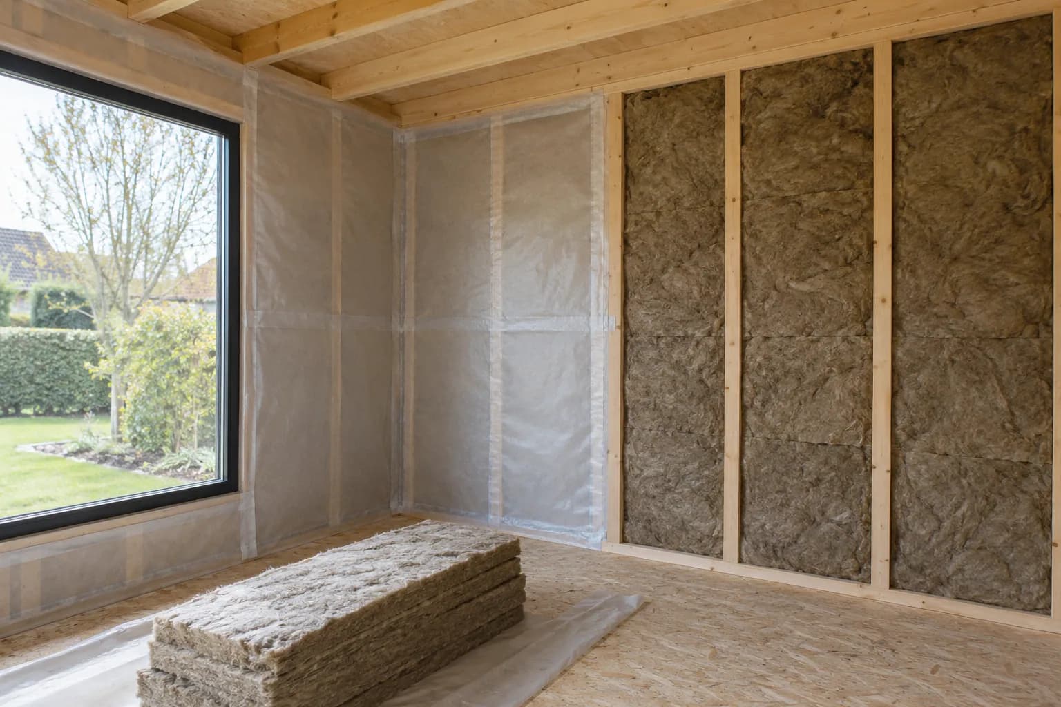 Tuinhuis in afbouw met isolatie tussen houten stijlen en deels aangebrachte dampremmende folie