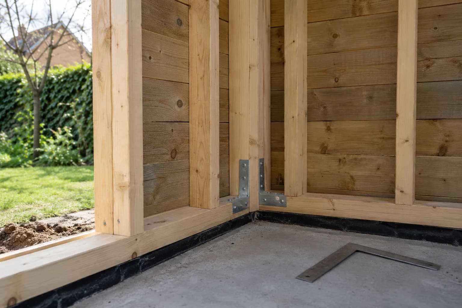 Houten wandframes met metalen hoekverbindingen en een zwarte vochtkering boven de betonvloer