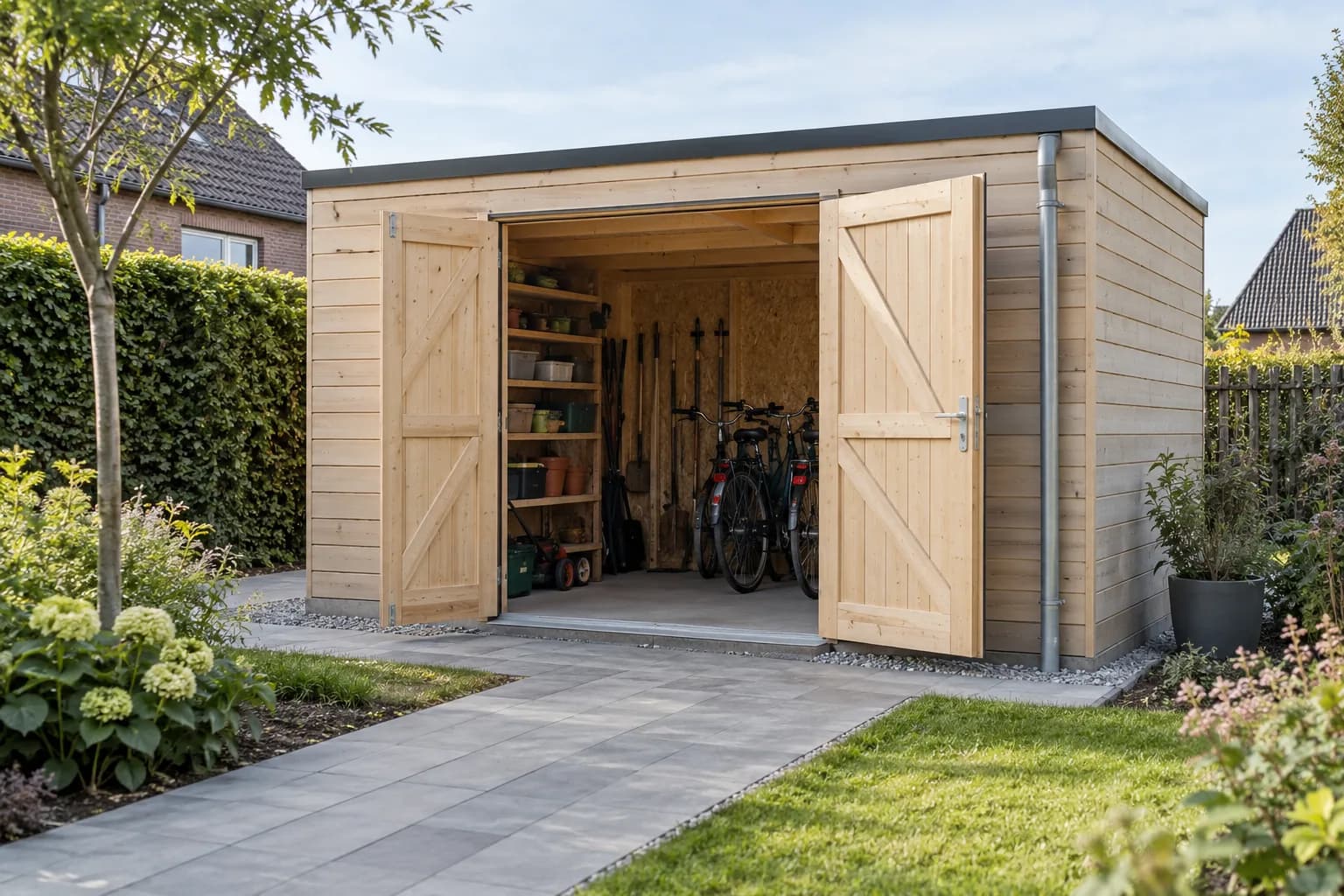 Gemonteerd houten tuinhuis met open dubbele deuren, fietsenberging en een breed betegeld toegangspad