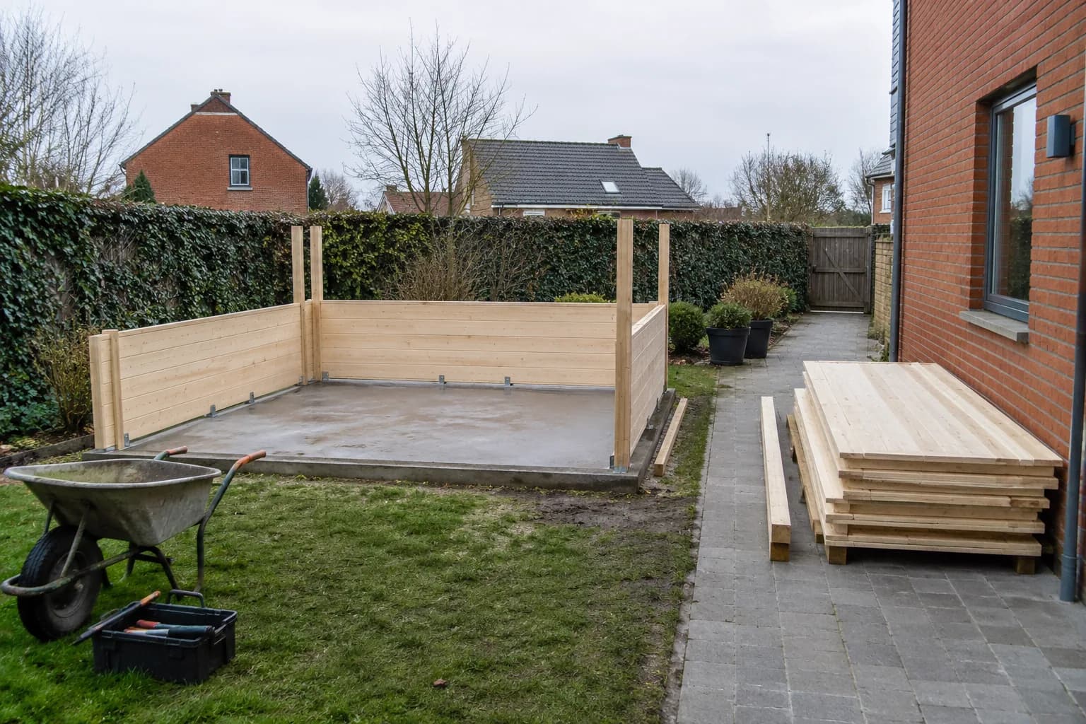 Half opgebouwde houten tuinberging op een betonplaat met gestapelde wandpanelen naast het tuinpad