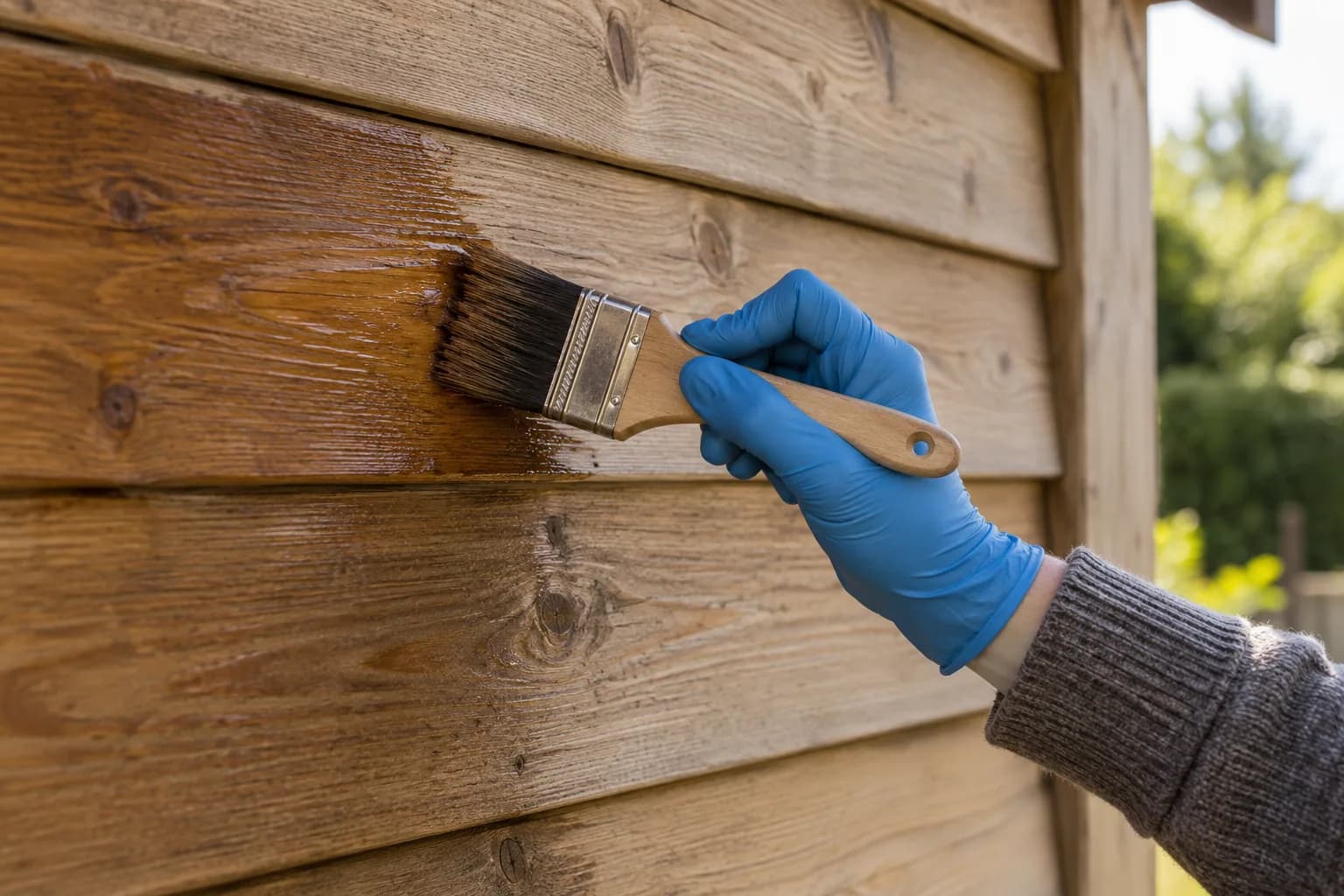 Hand met blauwe handschoen brengt transparante bruine beits aan op horizontale houten tuinhuisplanken