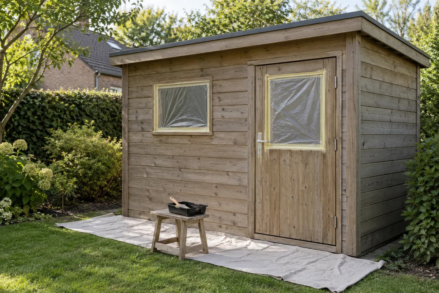 Houten tuinhuis voorbereid op beitswerk met afgeplakt glas, een afdekdoek en een verfbak met borstel