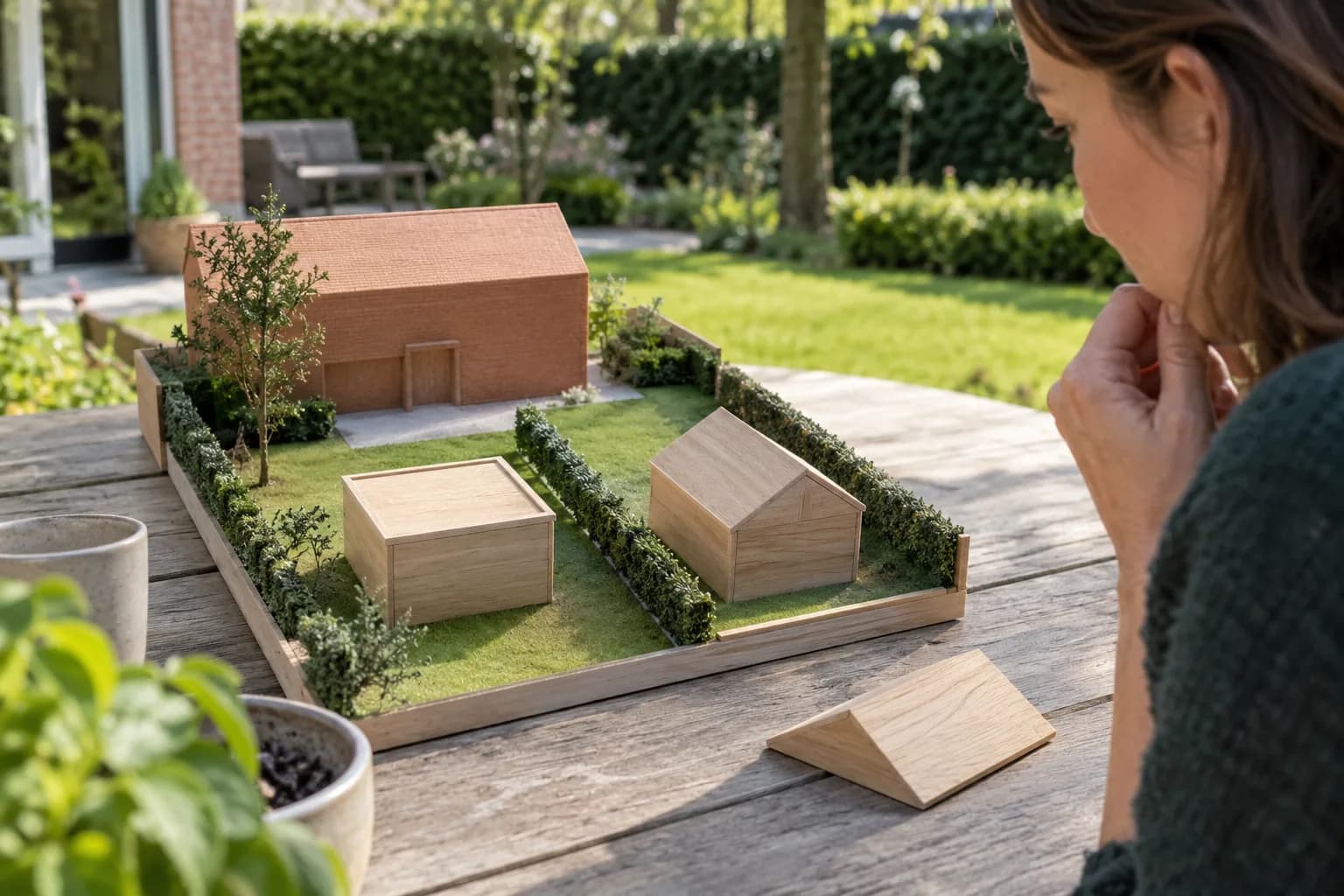 Bewoner bekijkt een terreinmaquette met woning, twee bijgebouwen en een losse zadeldakvariant