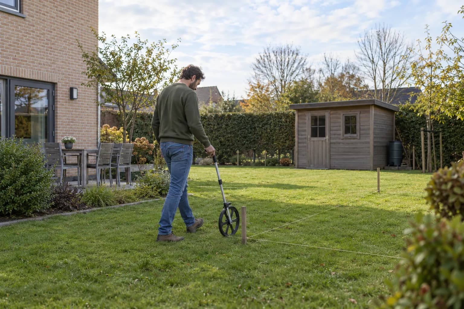 Bewoner meet met een meetwiel de uitgezette bouwplek op het gazon, met een bestaand tuinhuis op de achtergrond
