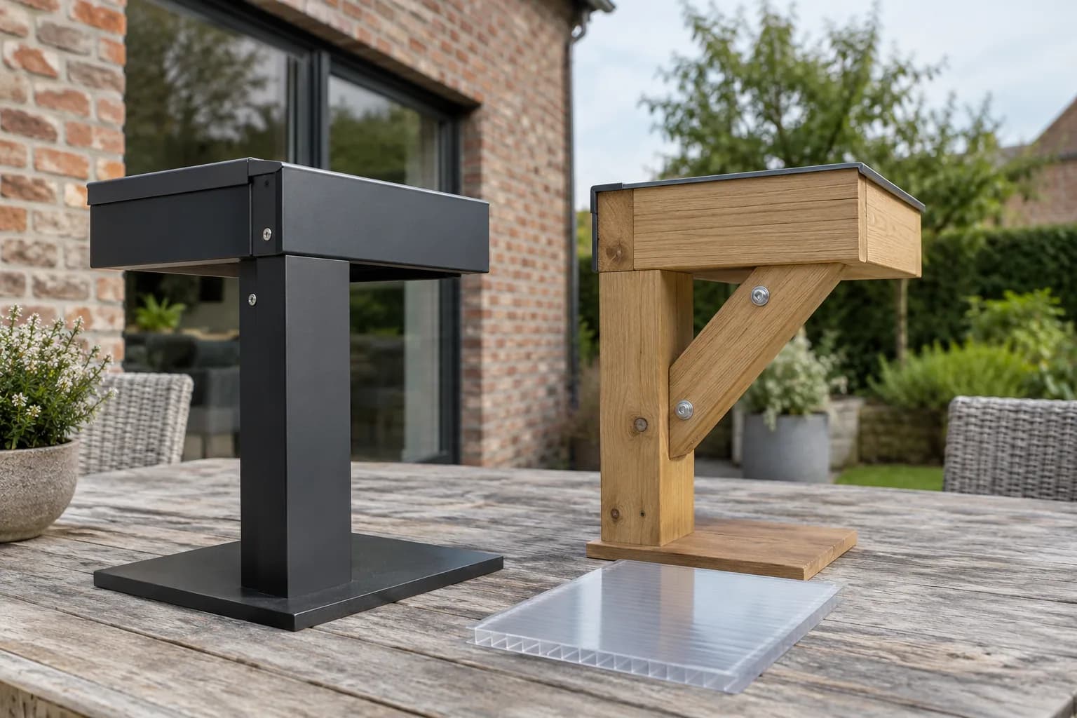 Modellen van een metalen en een houten carportverbinding, met een staal van een lichtdoorlatende dakplaat