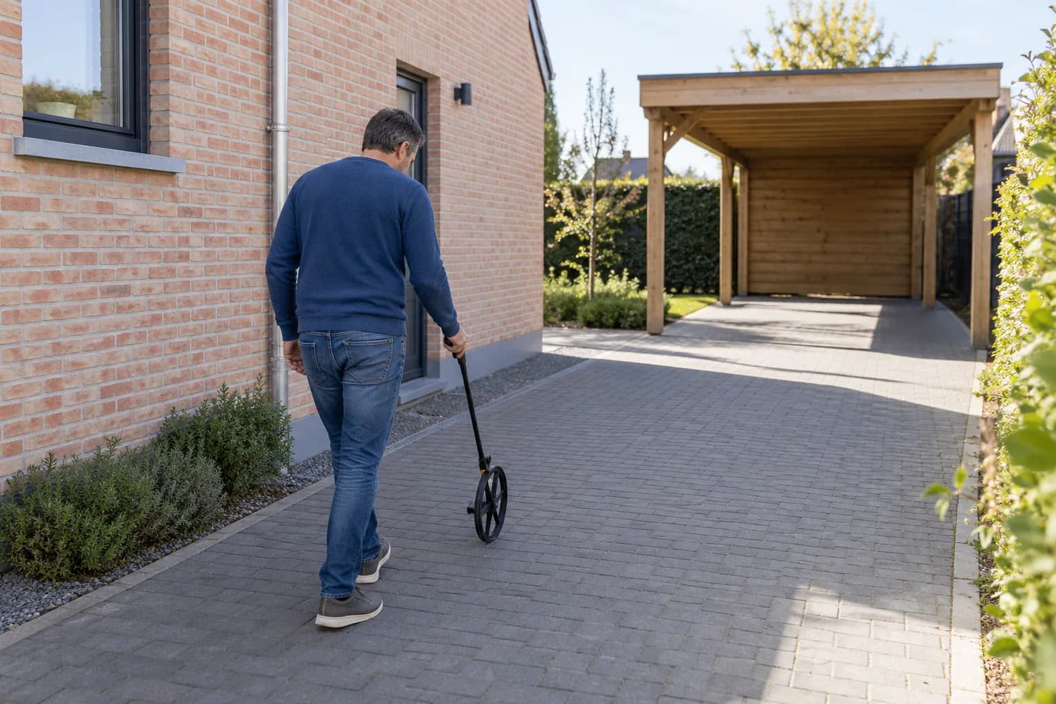 Bewoner meet de oprit met een meetwiel, met een vrijstaande houten carport naast de woning