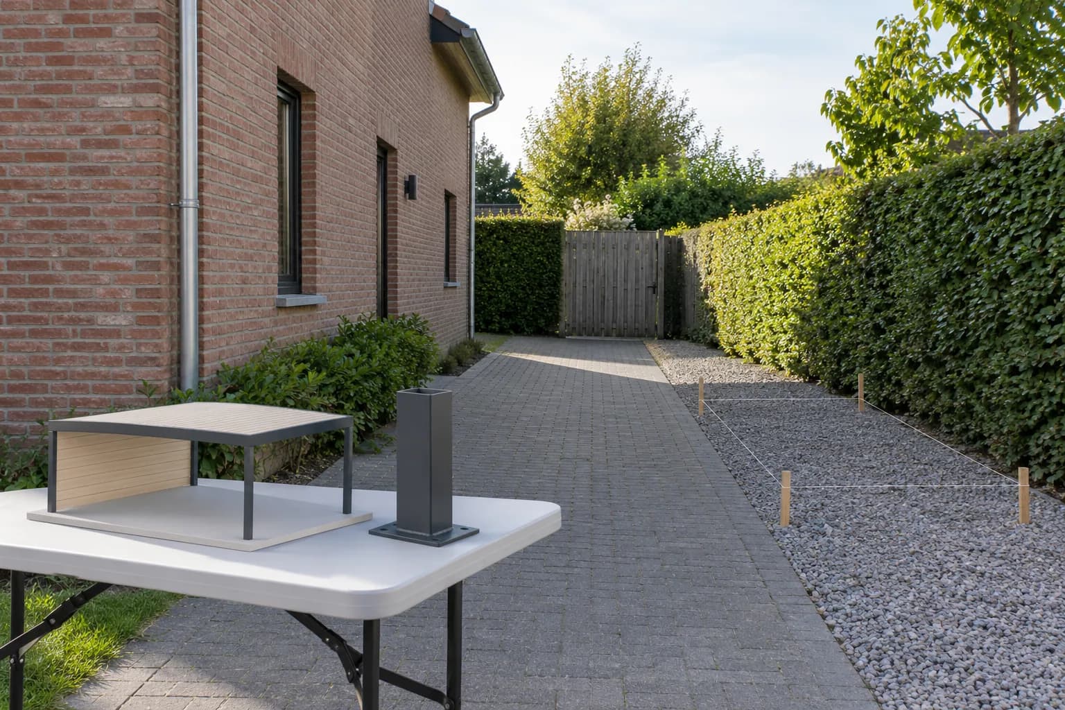 Carportmaquette en metalen paalstaal op een tafel, met een uitgezette strook naast de oprit