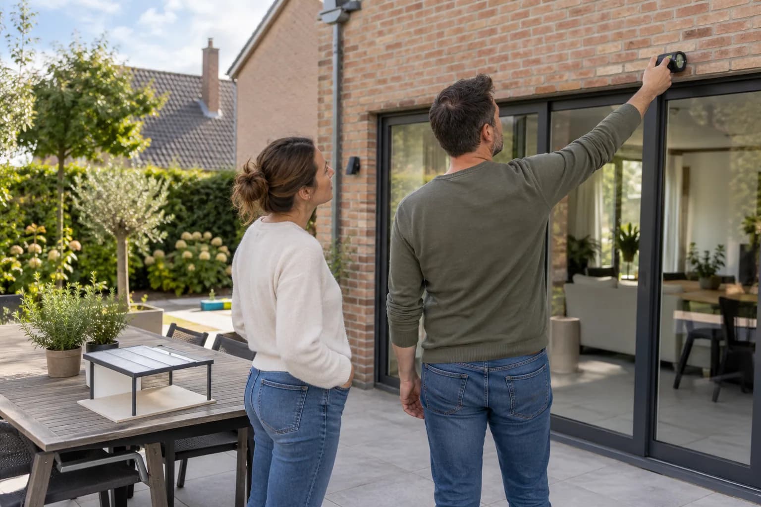 Twee bewoners controleren de ruimte boven de terrasdeuren, met een overkappingsmaquette op de tuintafel