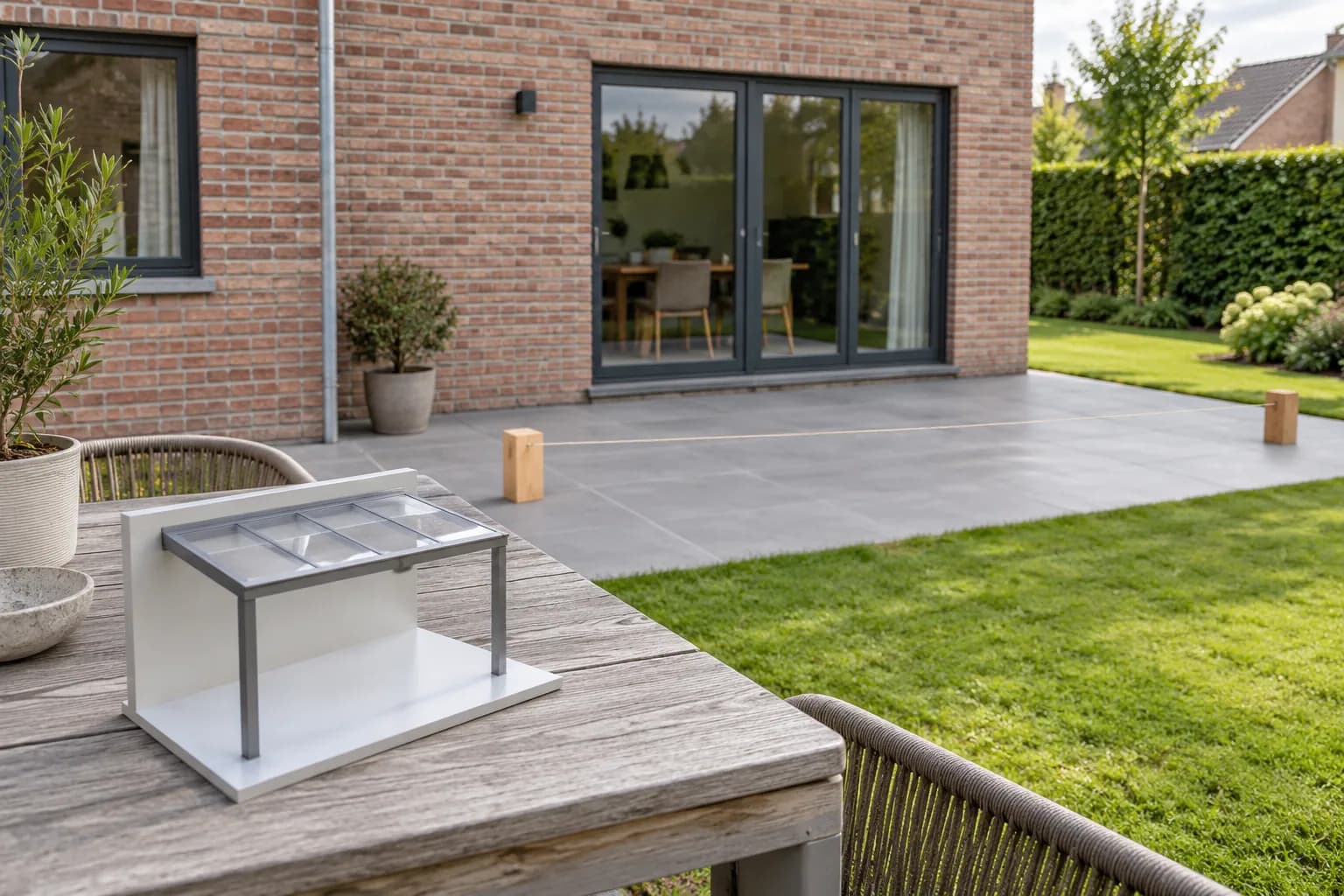 Maquette van een aangebouwde terrasoverkapping naast een terras met twee houten positieblokjes en een koord
