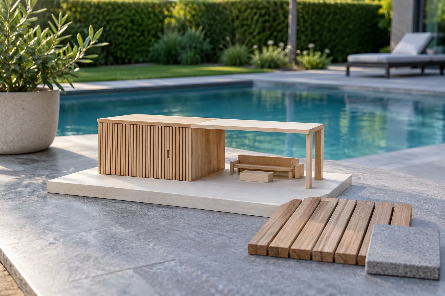 Houten poolhousemaquette met gesloten berging en open zithoek naast hout- en steenstalen