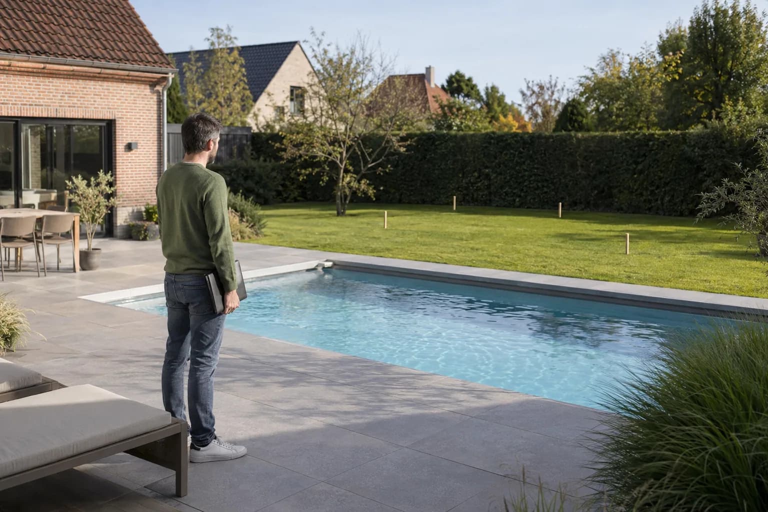 Bewoner bekijkt vanaf het zwembadterras een met houten paaltjes gemarkeerde plaats voor een poolhouse