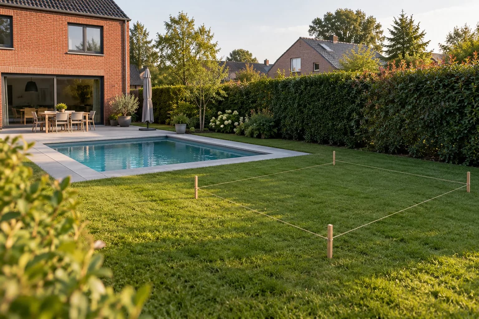 Met palen en koord uitgezette plek voor een poolhouse naast een zwembad in een omhaagde tuin