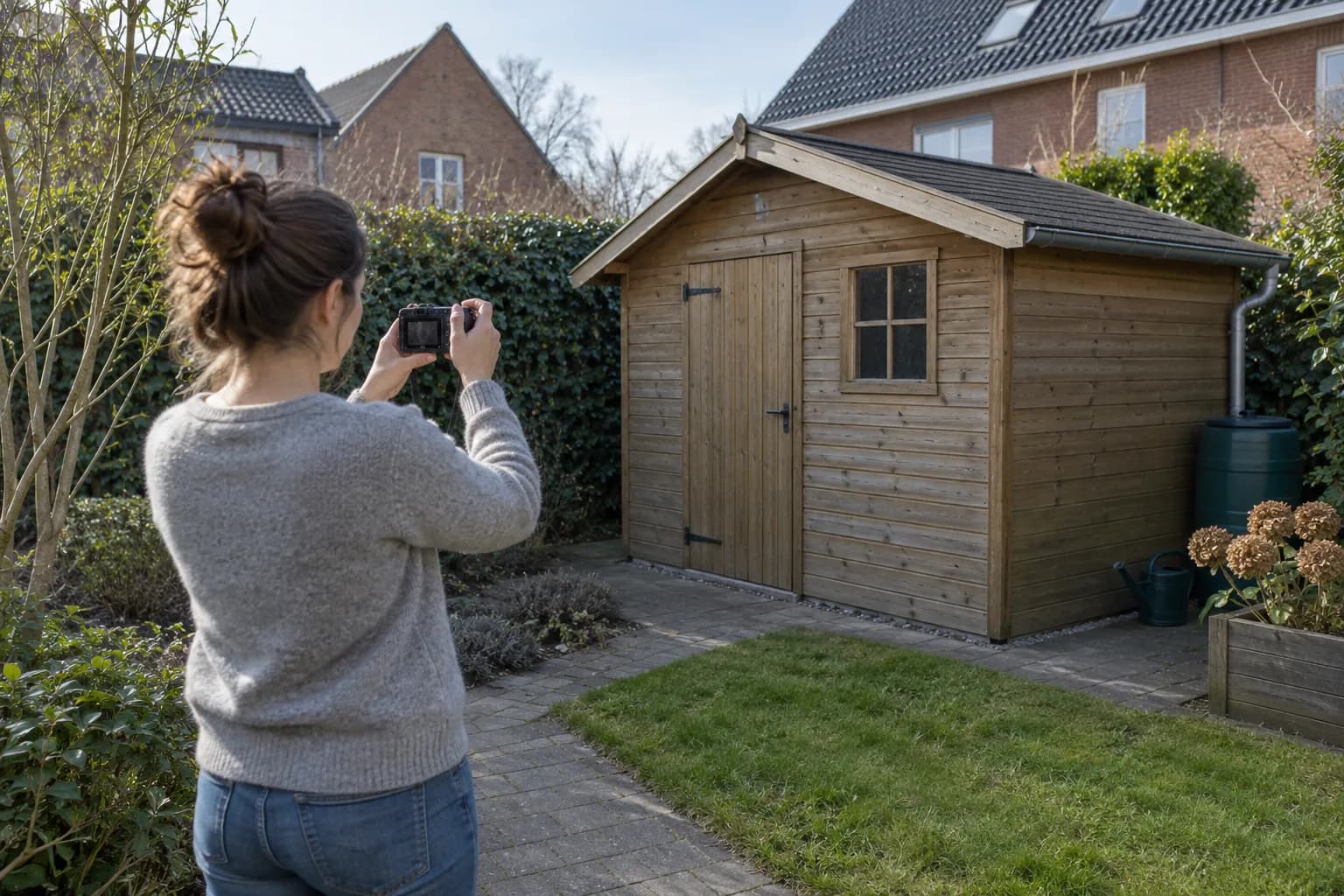Bewoonster fotografeert een houten tuinhuis met hellend dak en regenton vanuit de tuin