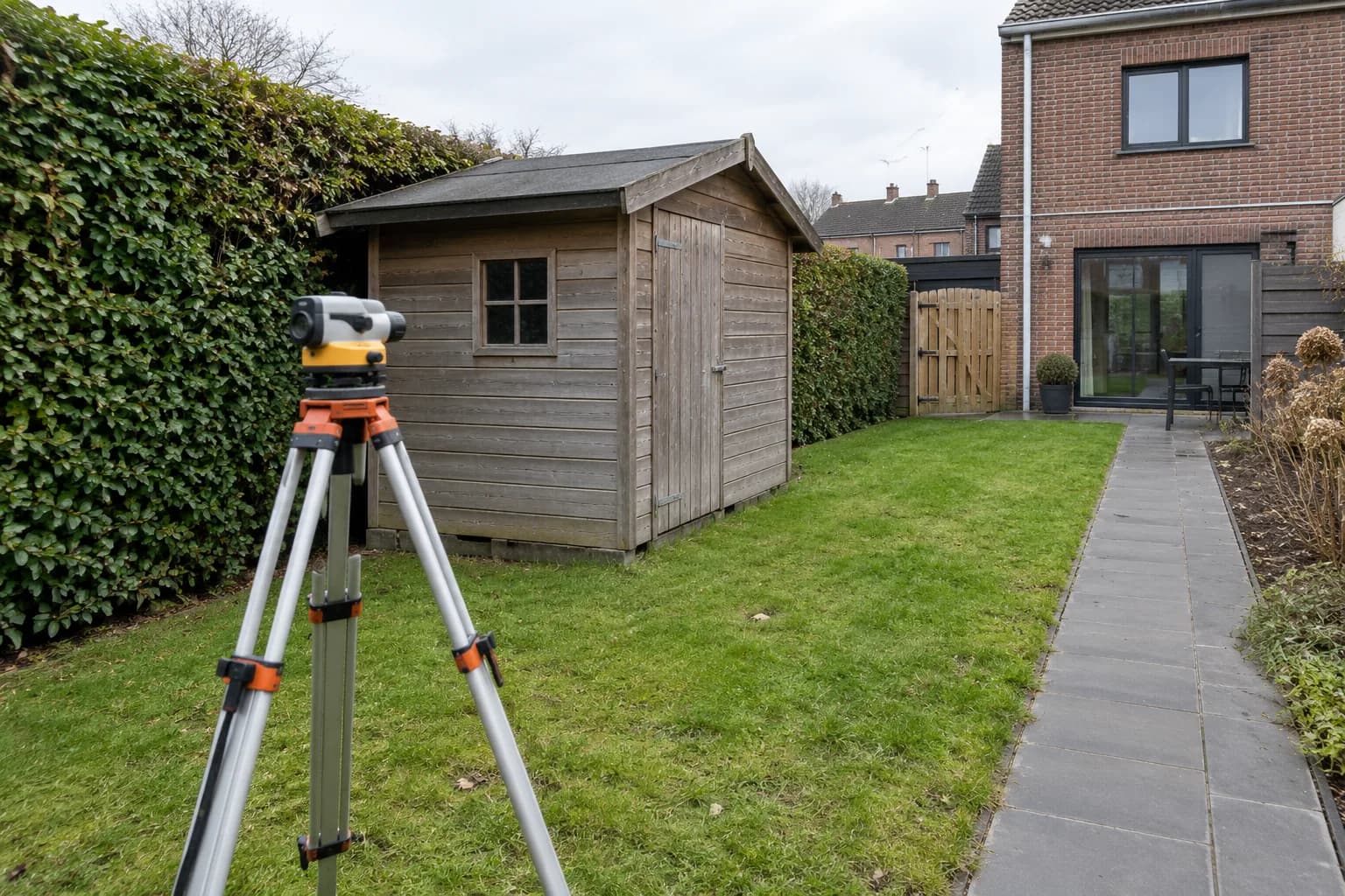 Meetinstrument op statief bij een houten tuinhuis in een smalle achtertuin naast een bakstenen woning