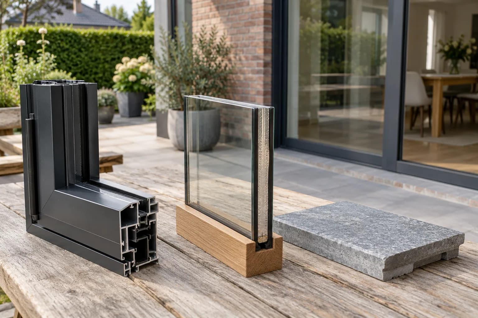 Aluminium raamprofiel, isolatieglas in een houten houder en een stenen dorpelstaal op een tuintafel