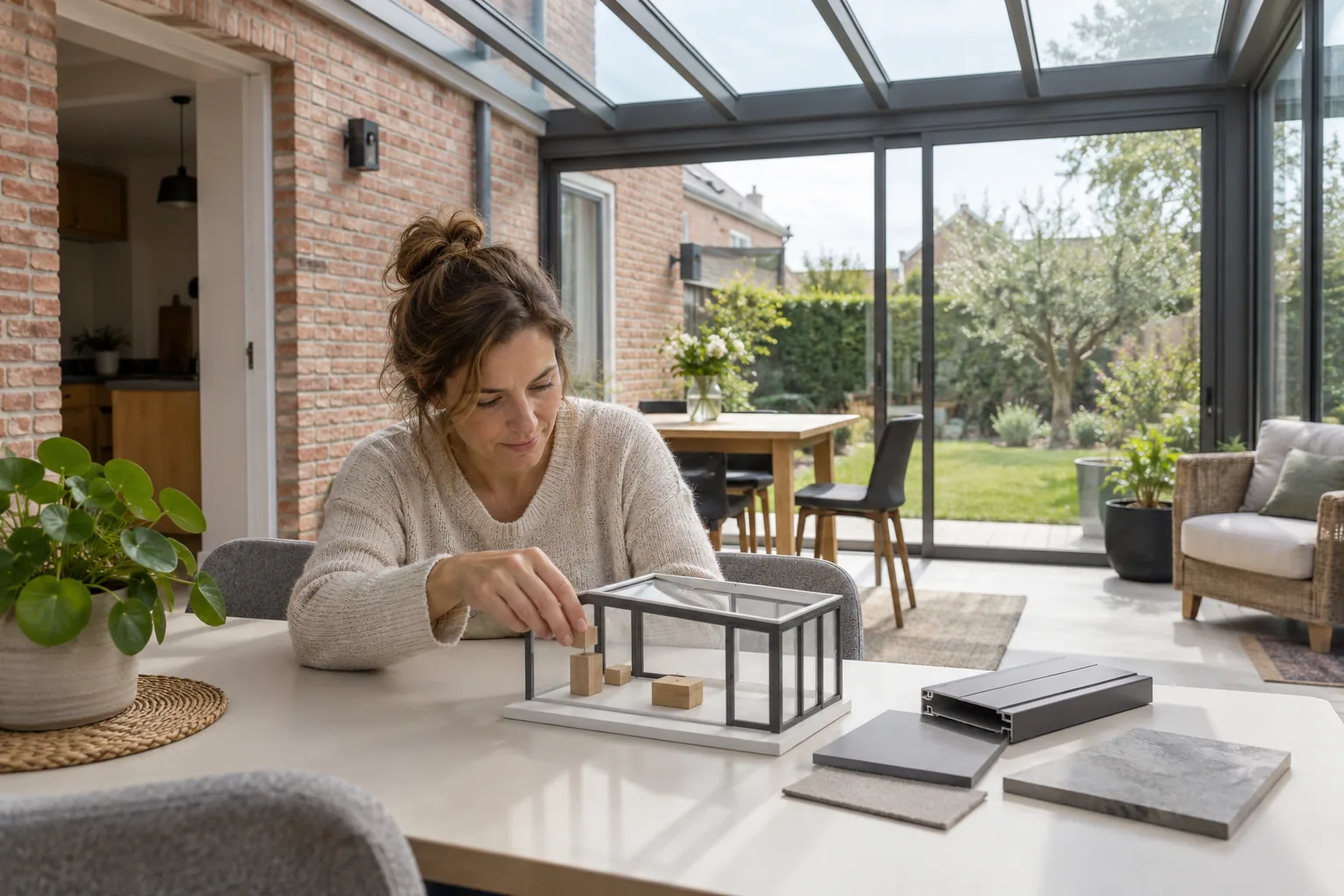 Bewoonster onderzoekt de indeling van een verandamaquette, met profiel- en vloerstalen in een glazen aanbouw