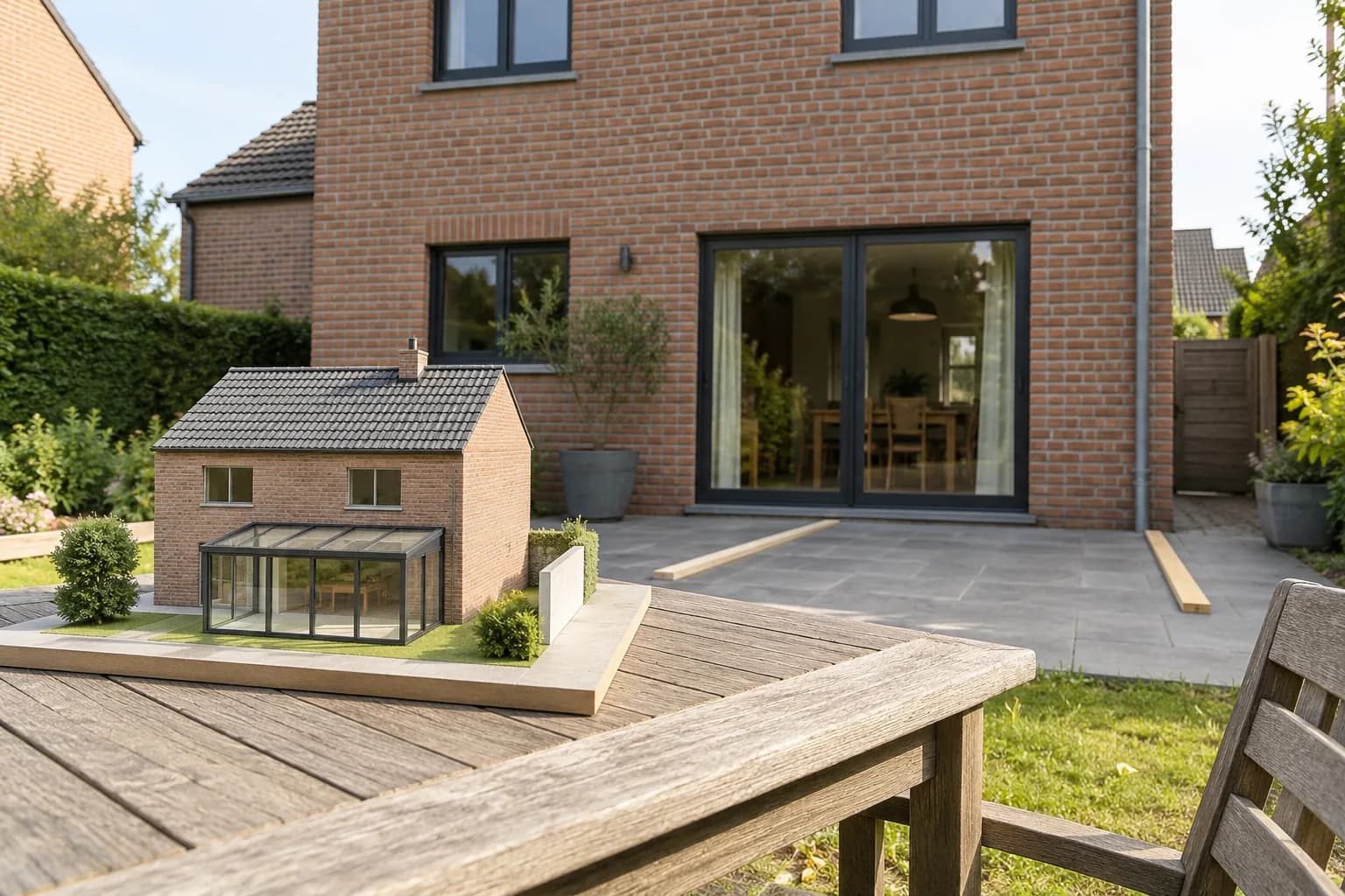 Woningmaquette met glazen veranda op de tuintafel, met houten maatlatten op het bestaande terras