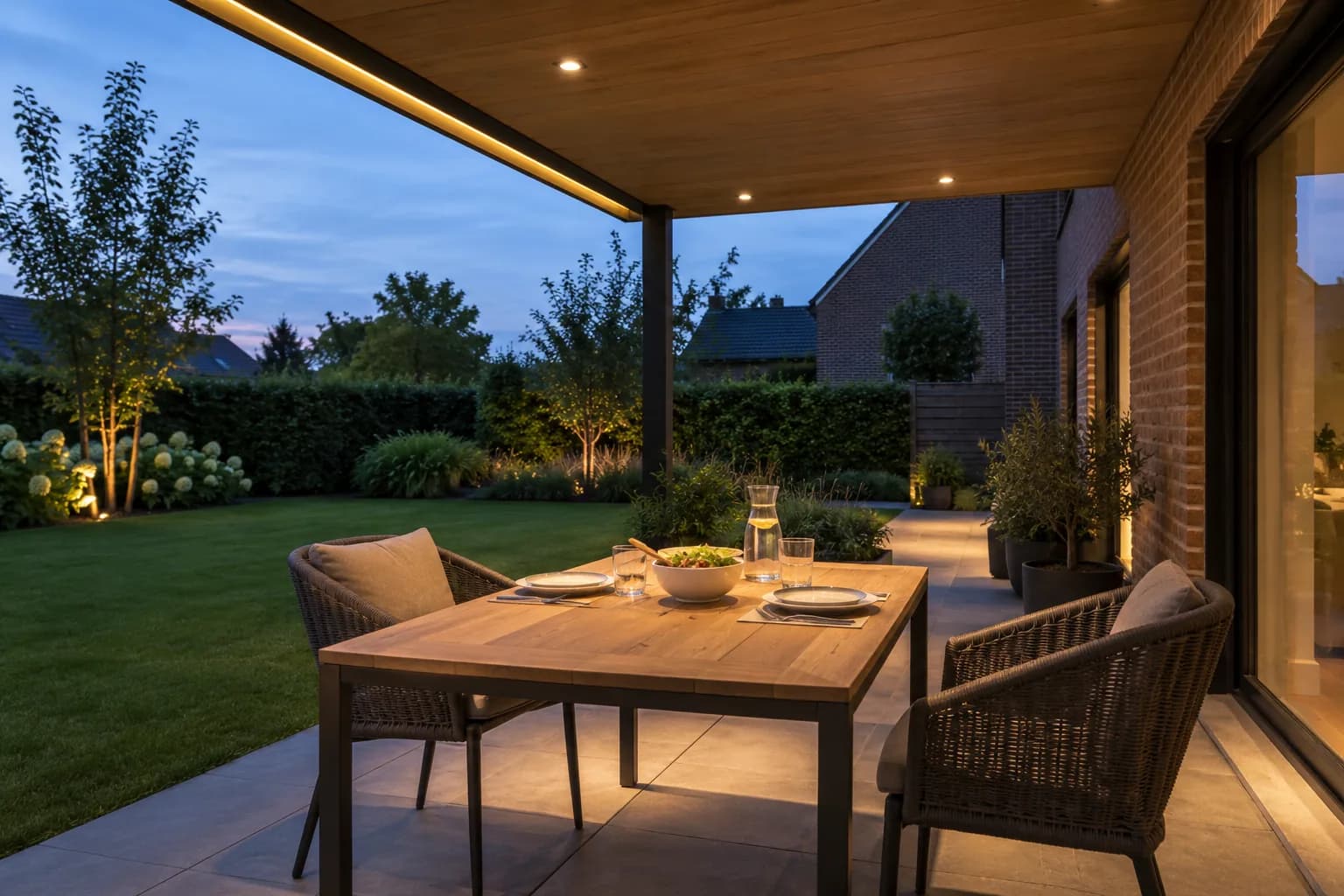 Tafel voor twee onder een terrasoverkapping met warmwitte spots en een lichtlijn langs de dakrand