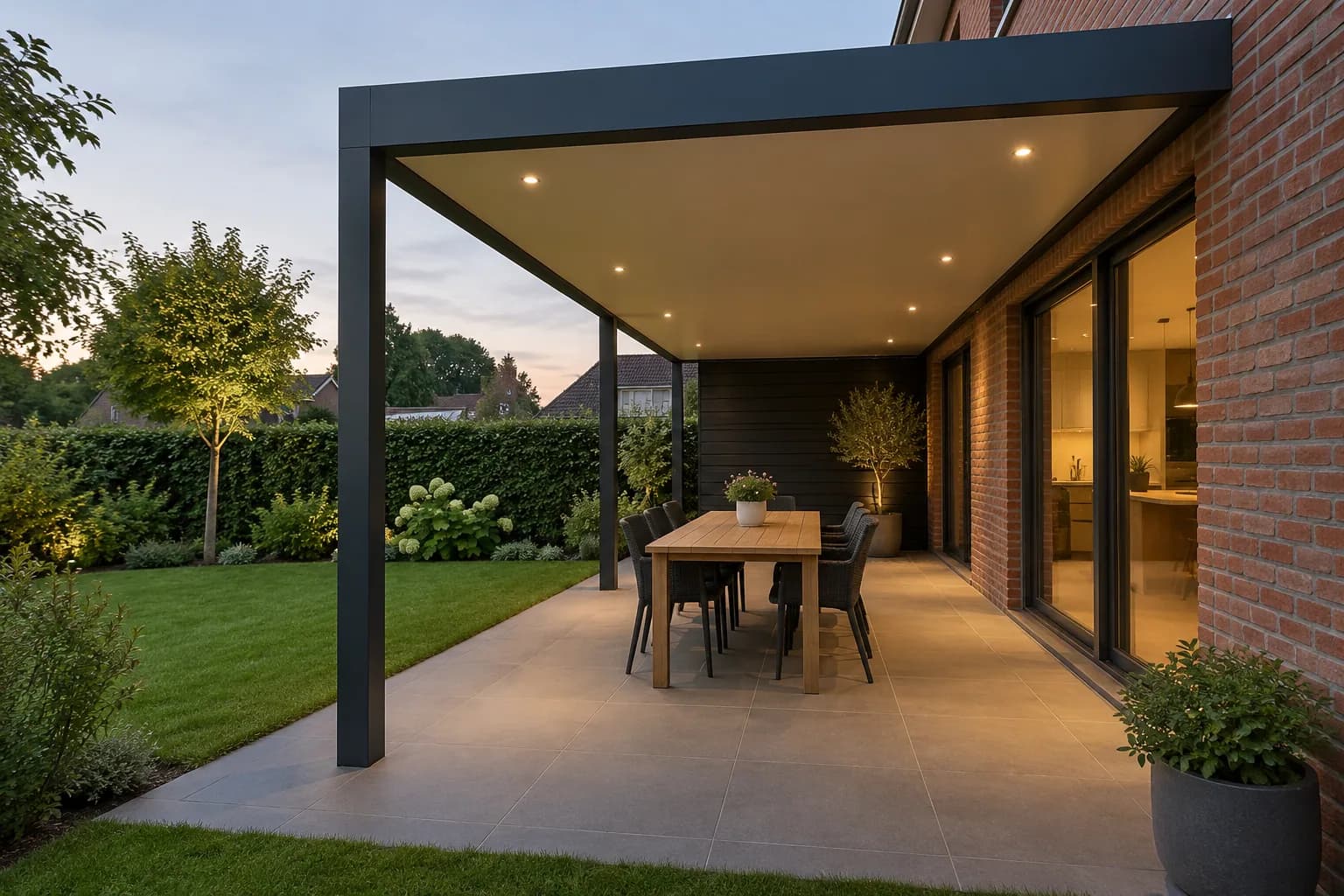 Terrasoverkapping aan een bakstenen woning met warmwitte inbouwspots boven de eettafel