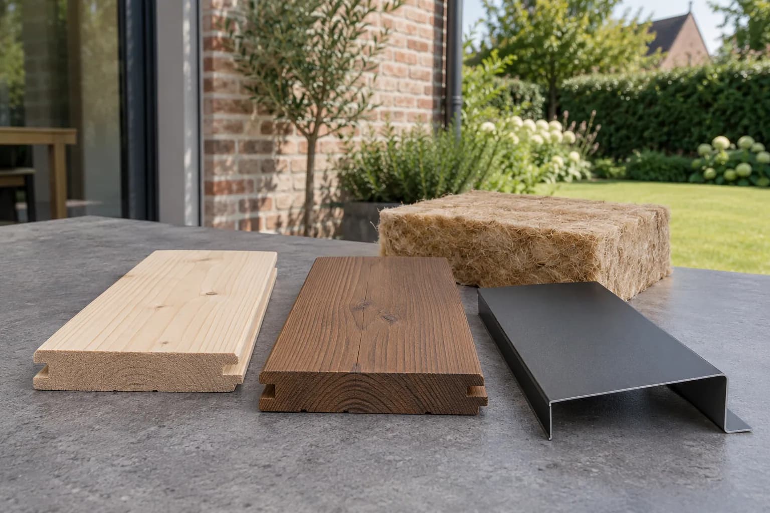 Lichte en donkere houten gevelstalen, een gevouwen aluminium profiel en een vezelige isolatiestaal