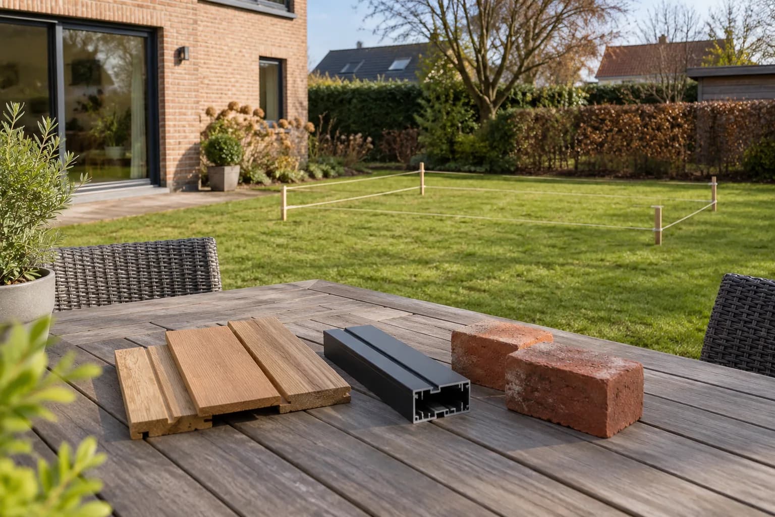 Hout, aluminium en bakstenen op een terrastafel bij een met koord uitgezette plek voor een bijgebouw