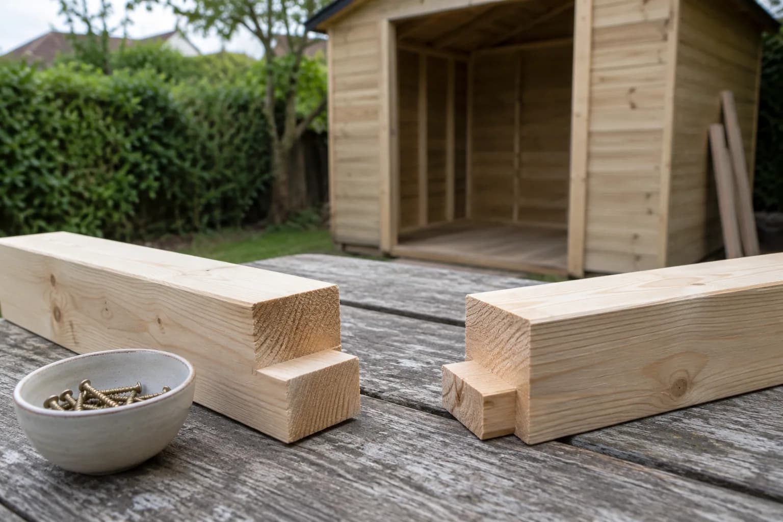 Voorgezaagde houten verbindingsstukken en een kommetje schroeven op een werktafel voor een tuinhuis