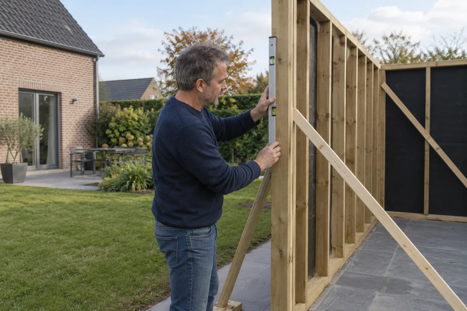 Bewoner controleert een houten wandstijl van een tuinhuis met een waterpas tijdens de montage